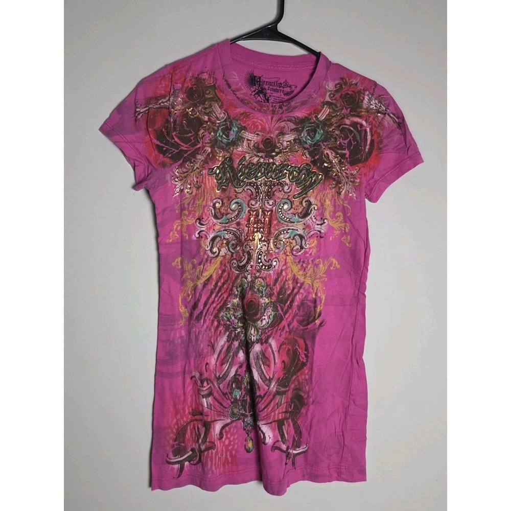 Roar Womens Medium Y2K Red Tie Dye Cross Rhinestone T-Shirt Embroidered Back